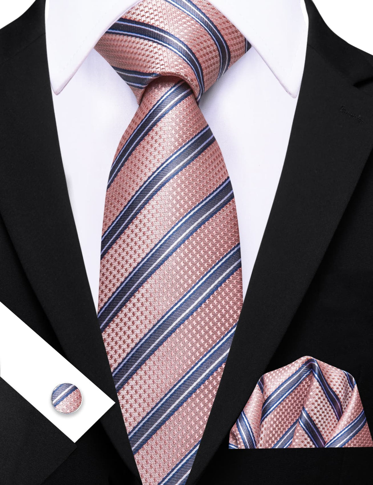 Pink Light Gray Stripes Tie, Pocket Square and Cufflinks Set tie sets    - Sophisticated Gentlemen