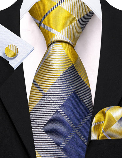 Yellow Blue Gray Checkered Plaid Tie, Pocket Square and Cufflinks Set tie sets    - Sophisticated Gentlemen