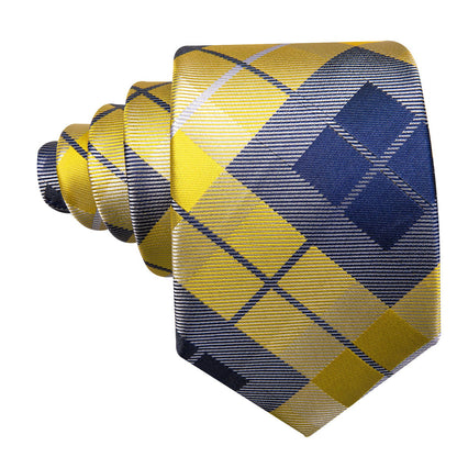 Yellow Blue Gray Checkered Plaid Tie, Pocket Square and Cufflinks Set tie sets    - Sophisticated Gentlemen