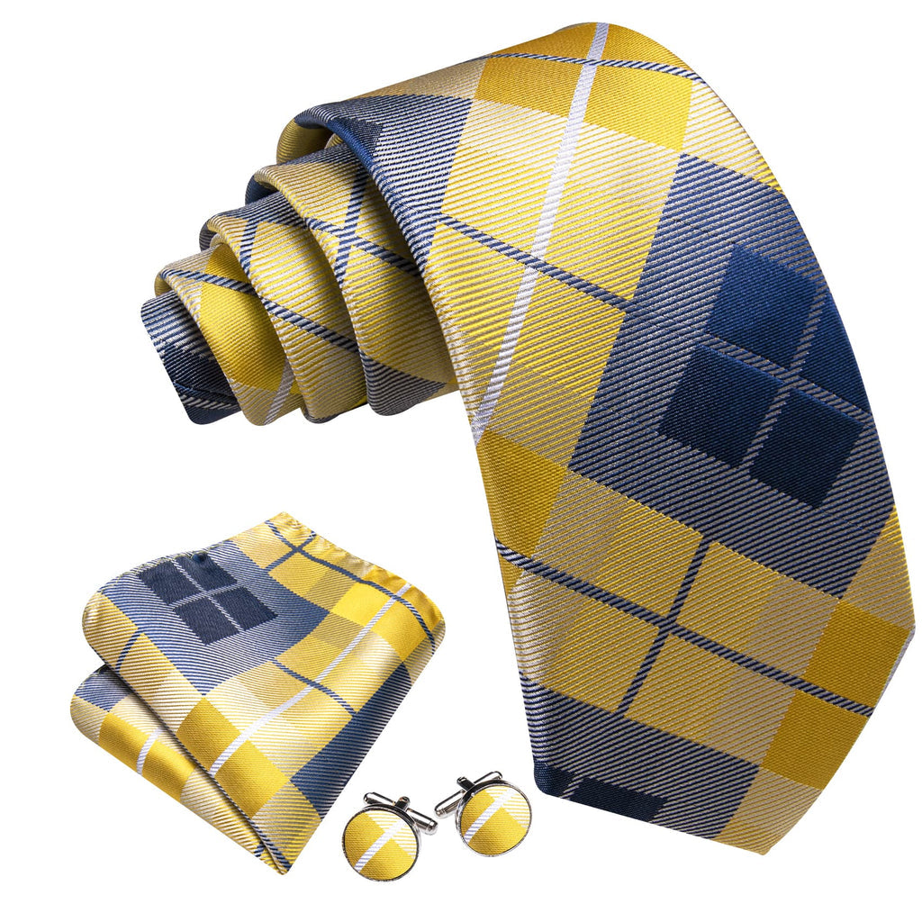 Yellow Blue Gray Checkered Plaid Tie, Pocket Square and Cufflinks Set tie sets    - Sophisticated Gentlemen