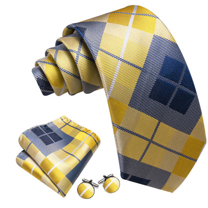 Yellow Blue Gray Checkered Plaid Tie, Pocket Square and Cufflinks Set tie sets    - Sophisticated Gentlemen
