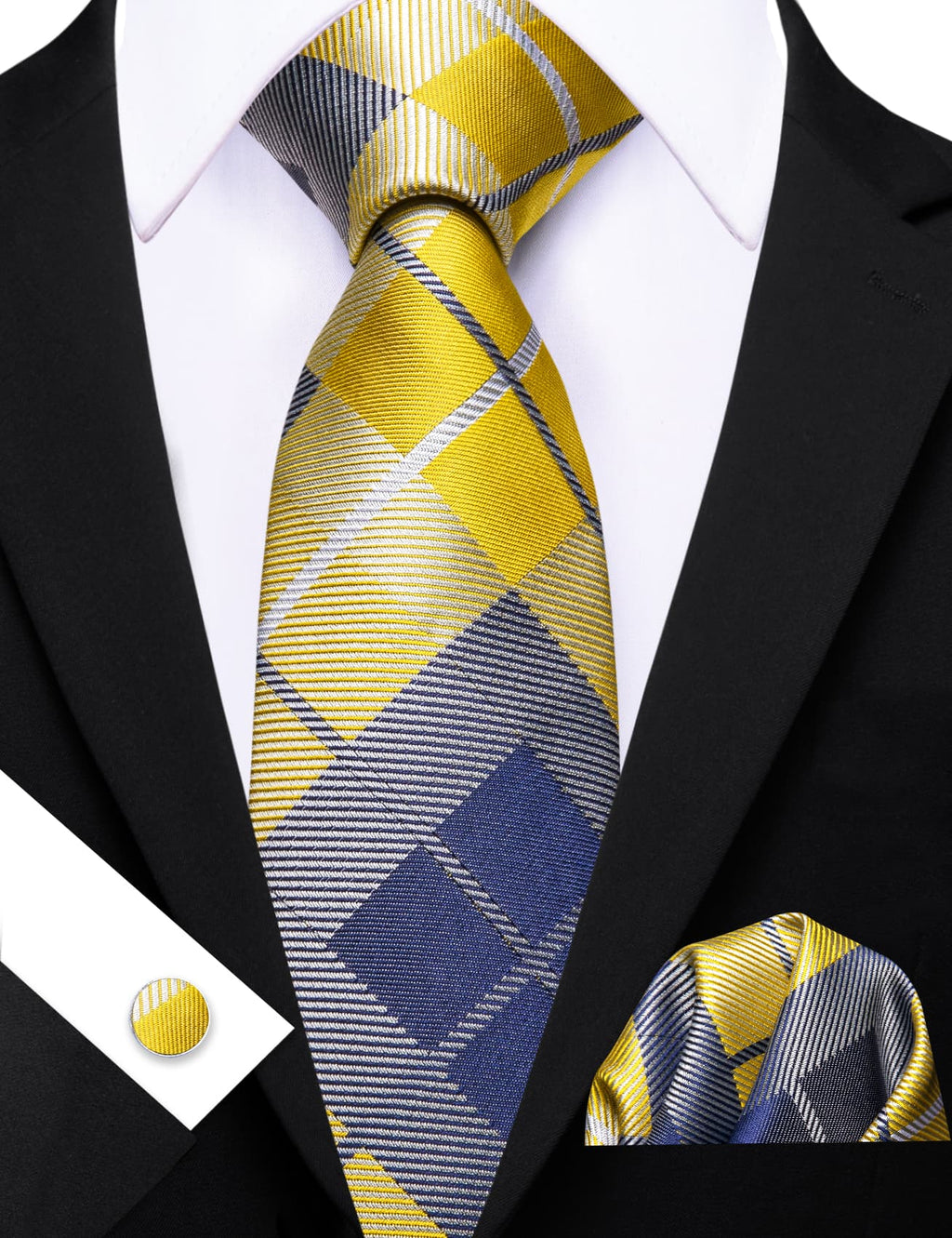Yellow Blue Gray Checkered Plaid Tie, Pocket Square and Cufflinks Set tie sets    - Sophisticated Gentlemen