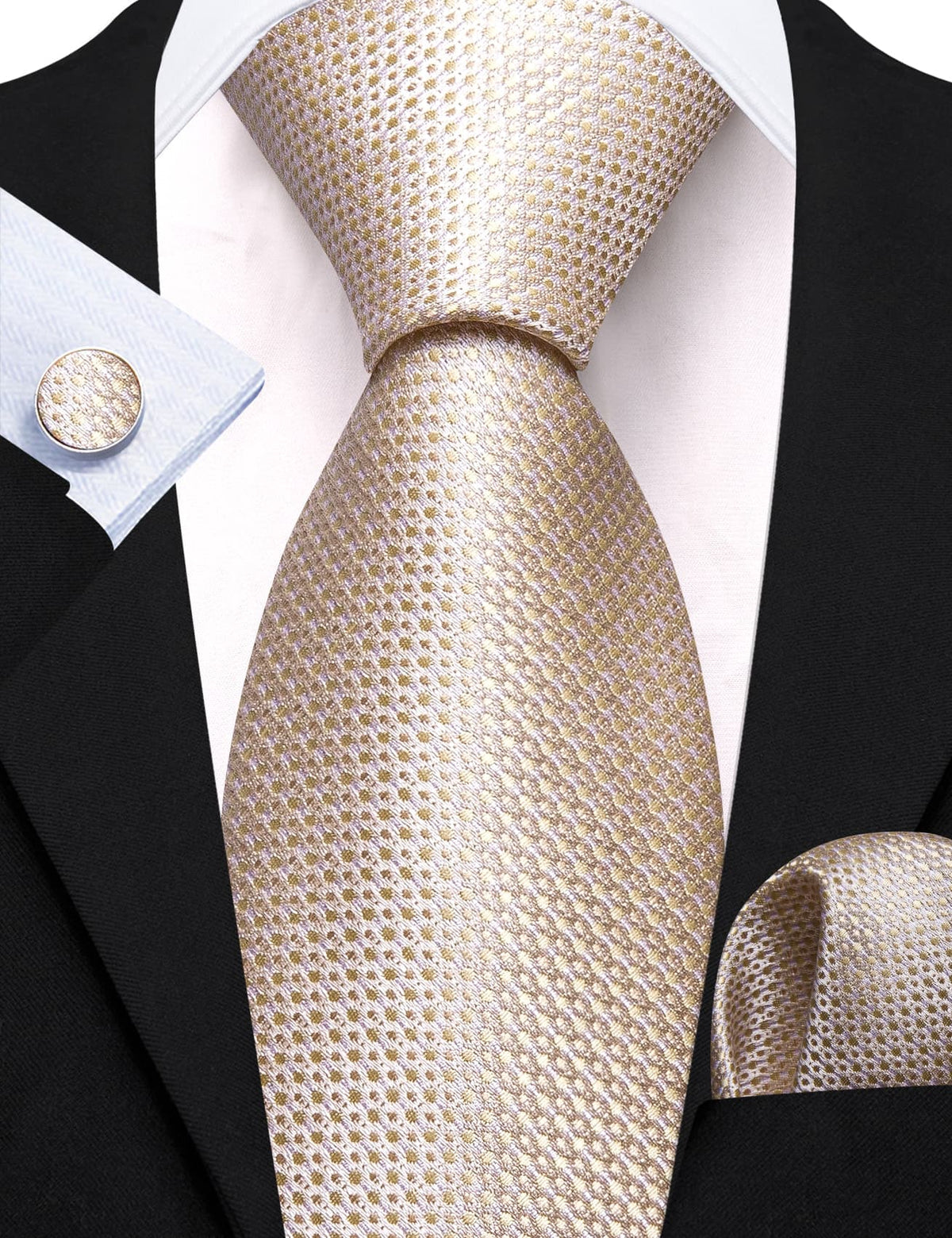 Champagne Beige Geometric Tie, Pocket Square and Cufflinks Set tie sets    - Sophisticated Gentlemen