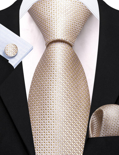 Champagne Beige Geometric Tie, Pocket Square and Cufflinks Set tie sets    - Sophisticated Gentlemen