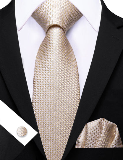 Champagne Beige Geometric Tie, Pocket Square and Cufflinks Set tie sets    - Sophisticated Gentlemen