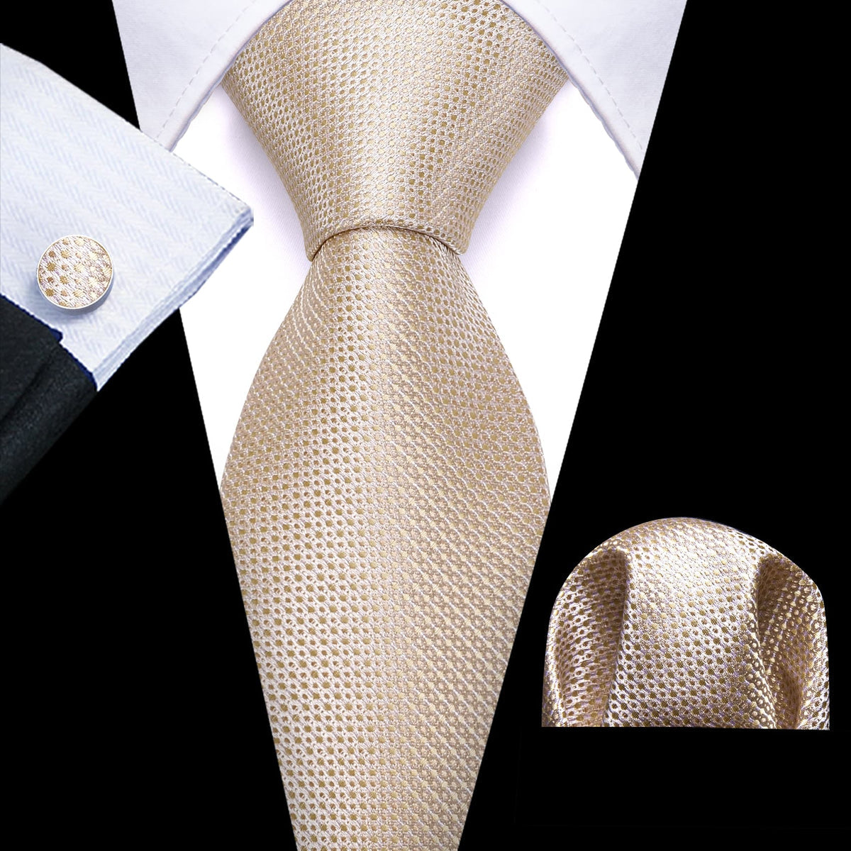 Champagne Beige Geometric Tie, Pocket Square and Cufflinks Set tie sets    - Sophisticated Gentlemen