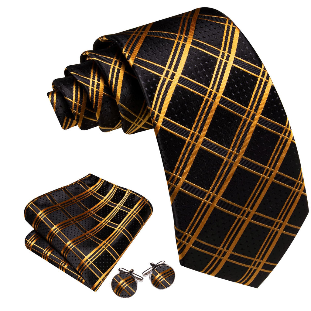 Black Gold Plaid Tie, Pocket Square and Cufflinks Set tie sets    - Sophisticated Gentlemen