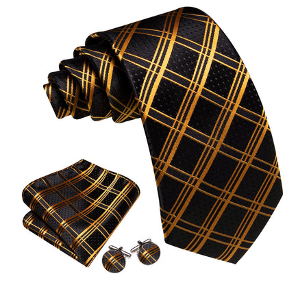 Black Gold Plaid Tie, Pocket Square and Cufflinks Set tie sets    - Sophisticated Gentlemen