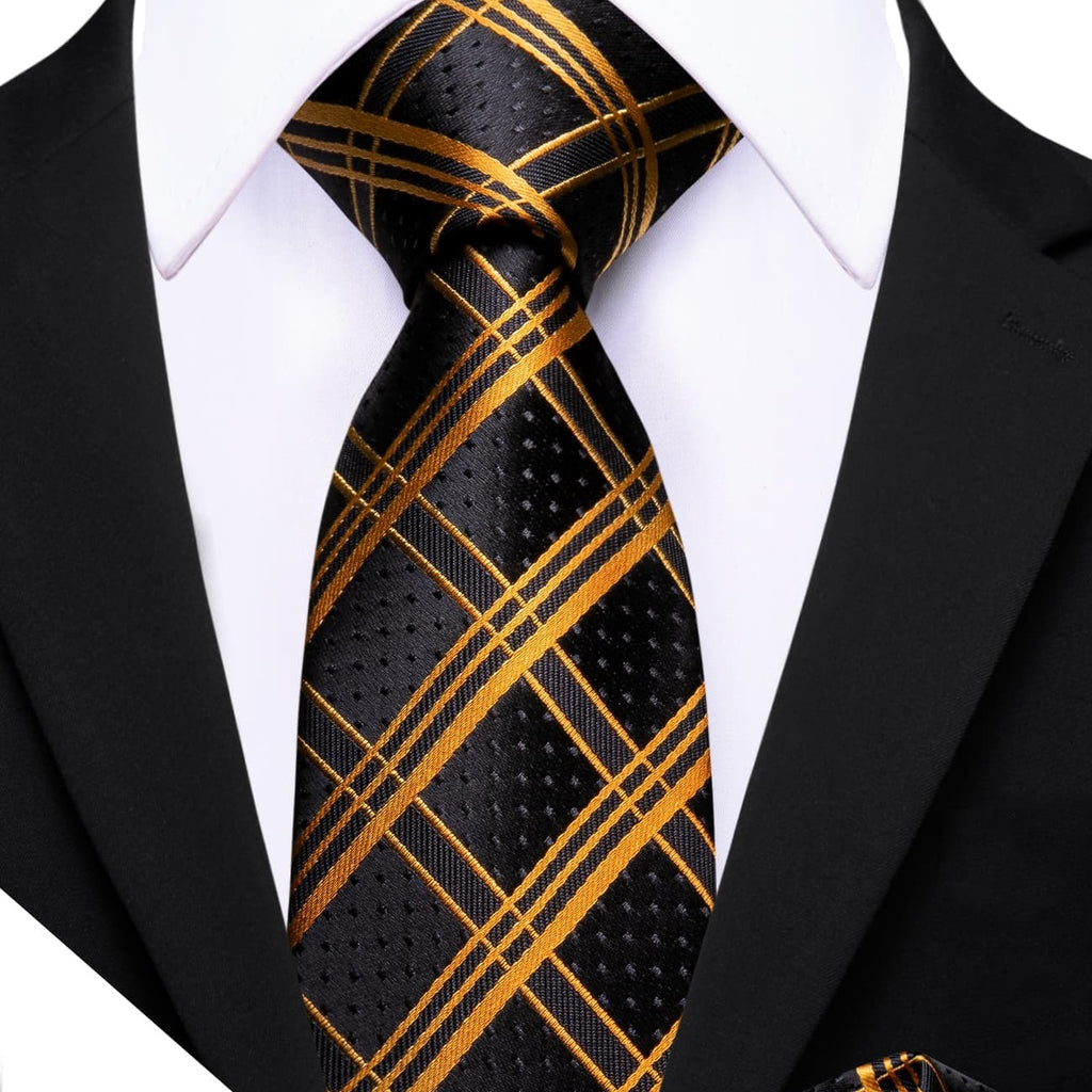 Black Gold Plaid Tie, Pocket Square and Cufflinks Set tie sets    - Sophisticated Gentlemen