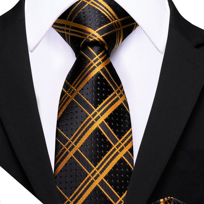 Black Gold Plaid Tie, Pocket Square and Cufflinks Set tie sets    - Sophisticated Gentlemen