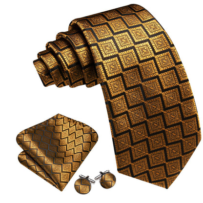 Black Gold Jacquard Novelty Tie, Pocket Square and Cufflinks Set tie sets    - Sophisticated Gentlemen