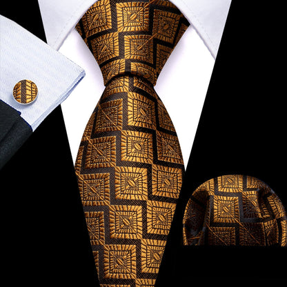 Black Gold Jacquard Novelty Tie, Pocket Square and Cufflinks Set tie sets    - Sophisticated Gentlemen