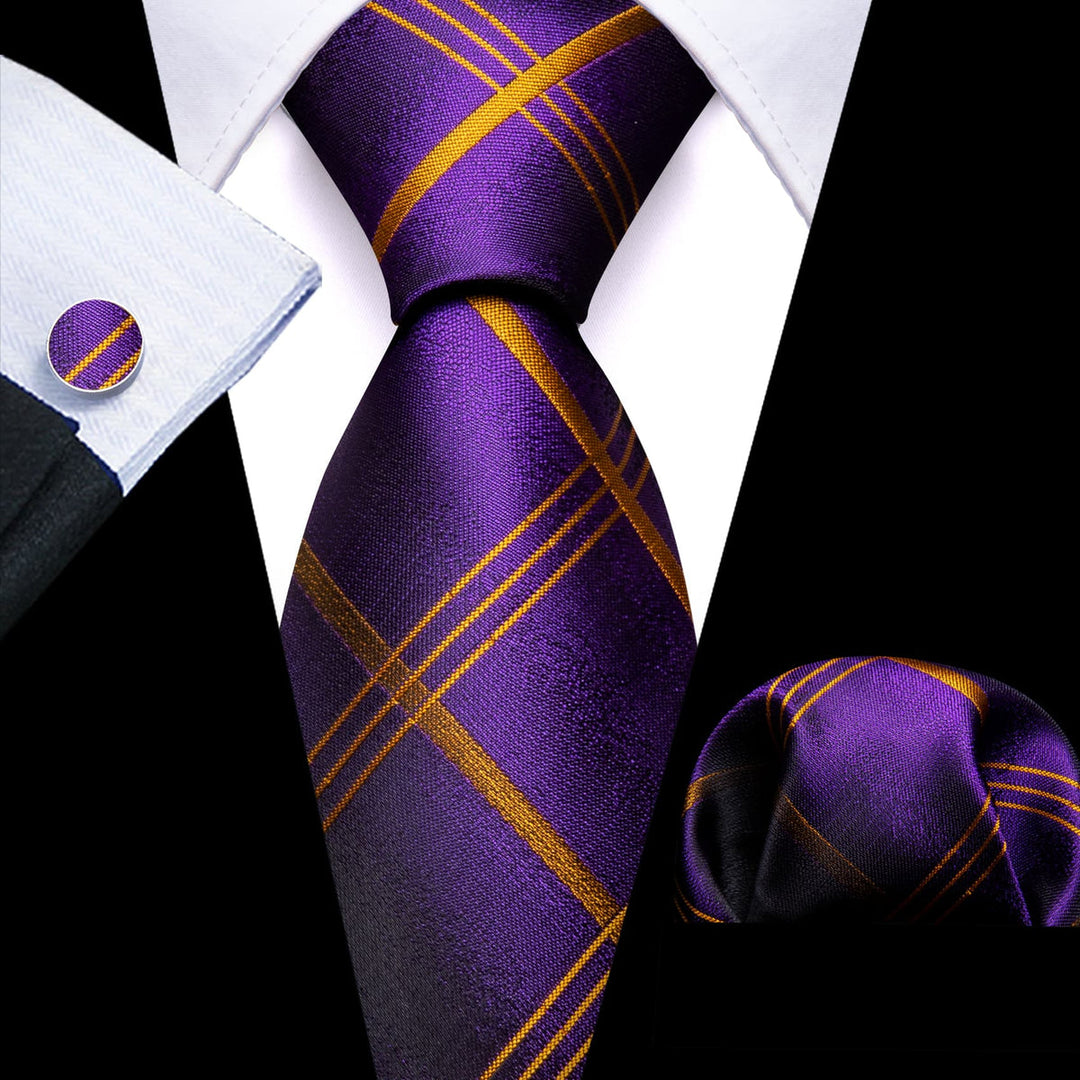 Regal Purple and Gold Plaid Tie, Pocket Square, and Cufflinks Set tie sets    - Sophisticated Gentlemen