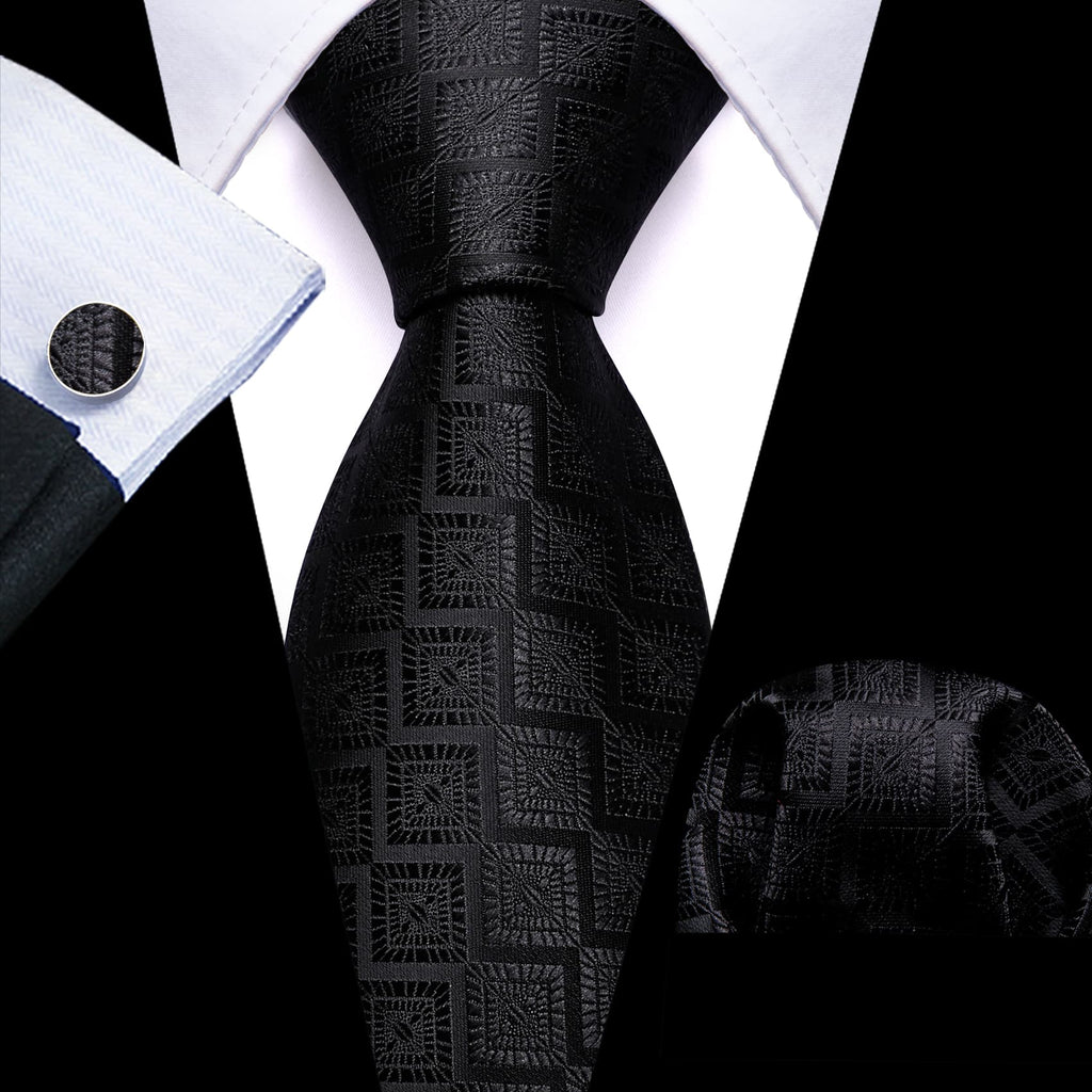 Onyx Black Geometric Jacquard Tie, Pocket Square, and Cufflinks Set tie sets    - Sophisticated Gentlemen
