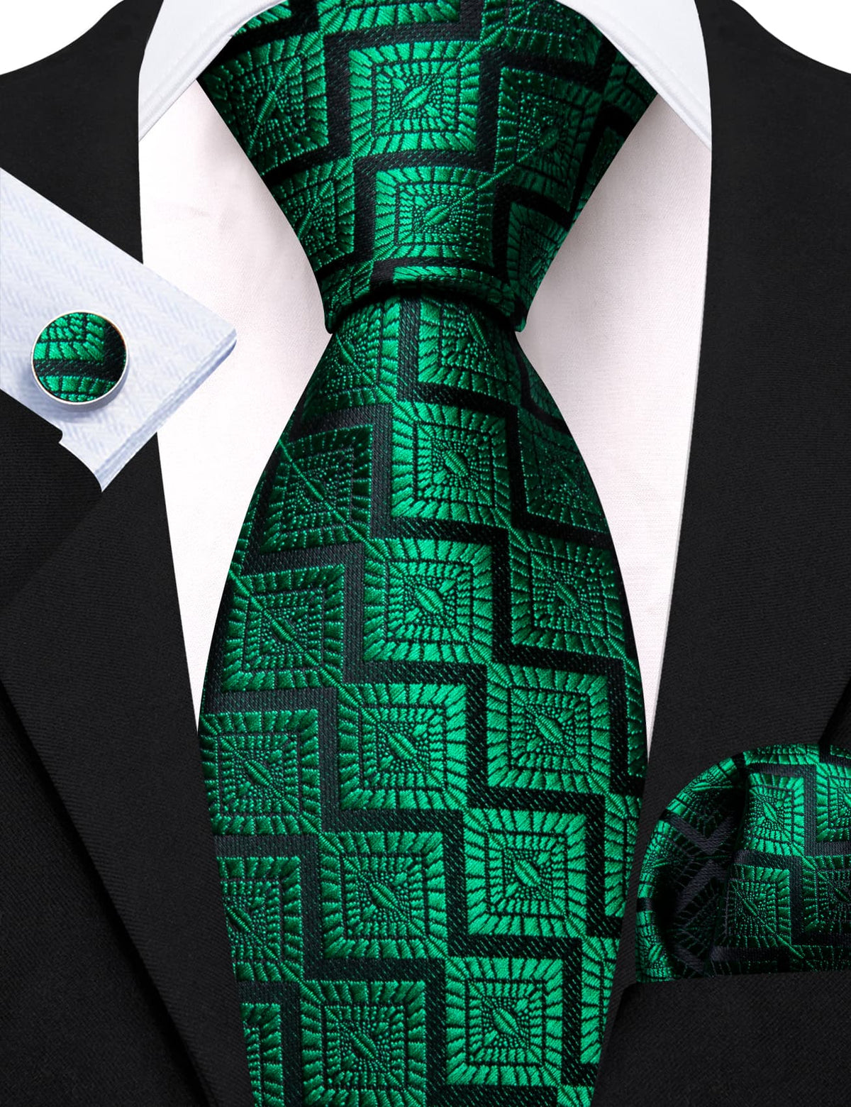 Emerald Green Jacquard Geometric Tie, Pocket Square and Cufflinks Set tie sets    - Sophisticated Gentlemen