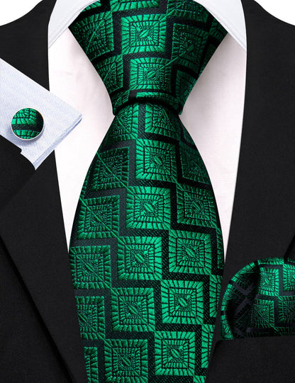 Emerald Green Jacquard Geometric Tie, Pocket Square and Cufflinks Set tie sets    - Sophisticated Gentlemen