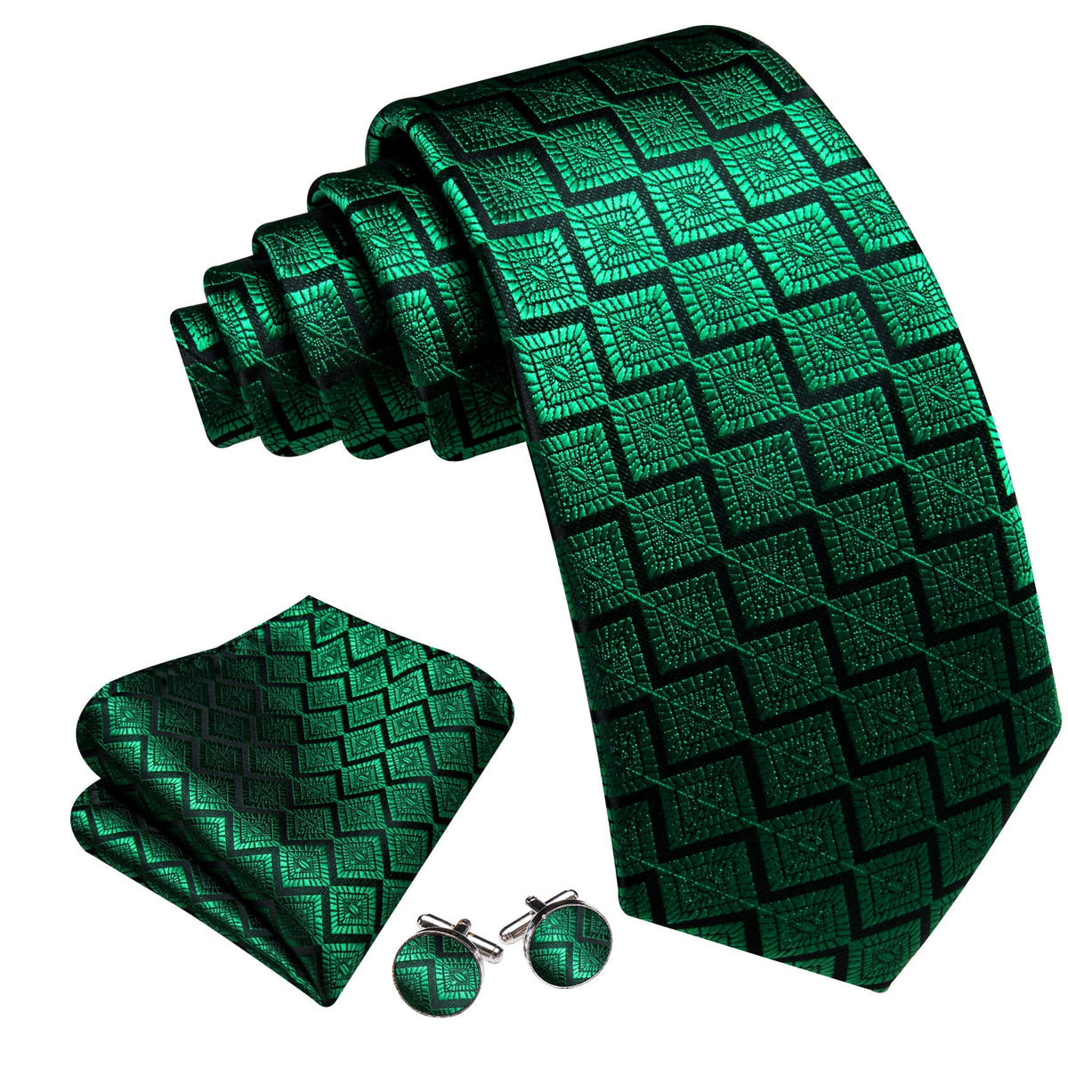 Emerald Green Jacquard Geometric Tie, Pocket Square and Cufflinks Set tie sets    - Sophisticated Gentlemen