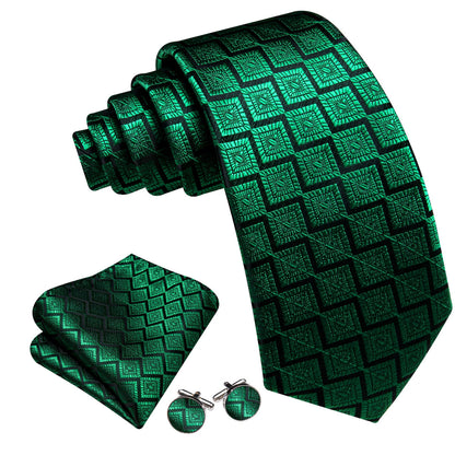 Emerald Green Jacquard Geometric Tie, Pocket Square and Cufflinks Set tie sets    - Sophisticated Gentlemen