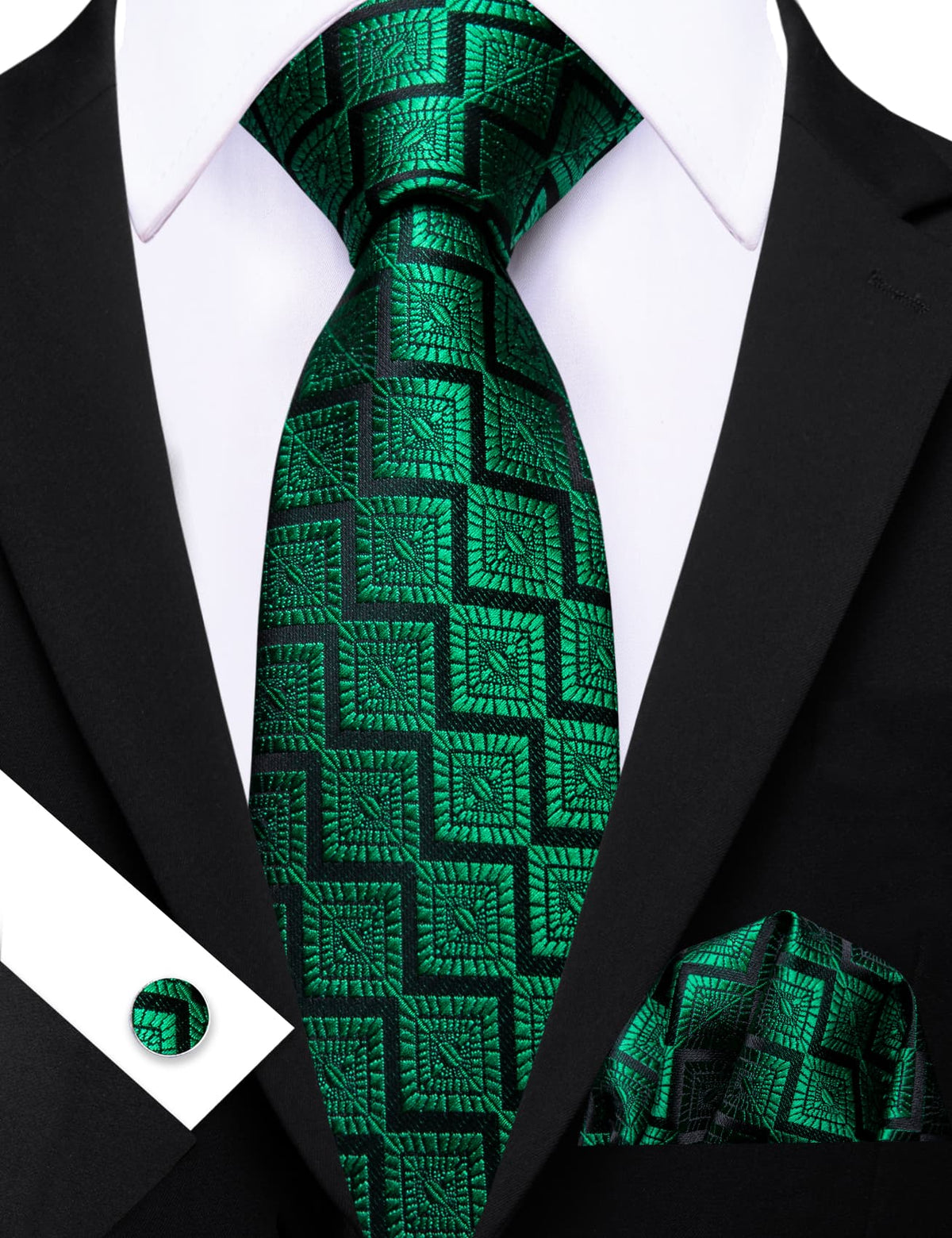 Emerald Green Jacquard Geometric Tie, Pocket Square and Cufflinks Set tie sets    - Sophisticated Gentlemen