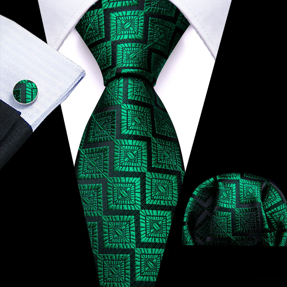 Emerald Green Jacquard Geometric Tie, Pocket Square and Cufflinks Set tie sets    - Sophisticated Gentlemen