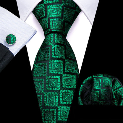 Emerald Green Jacquard Geometric Tie, Pocket Square and Cufflinks Set tie sets    - Sophisticated Gentlemen