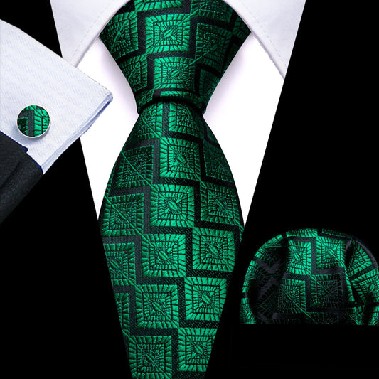 Emerald Green Jacquard Geometric Tie, Pocket Square and Cufflinks Set tie sets    - Sophisticated Gentlemen