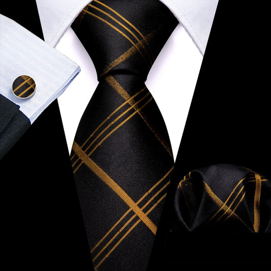 Espresso Brown and Black Jacquard Striped Tie, Pocket Square, and Cufflinks Set tie sets    - Sophisticated Gentlemen