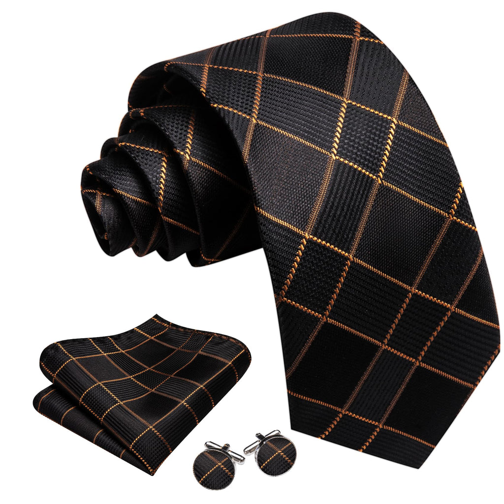 Black & Gold Plaid Silk Tie Set with Pocket Square and Cufflinks tie sets - Sophisticated Gentlemen
