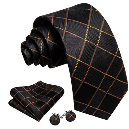 Black & Gold Plaid Silk Tie Set with Pocket Square and Cufflinks tie sets - Sophisticated Gentlemen