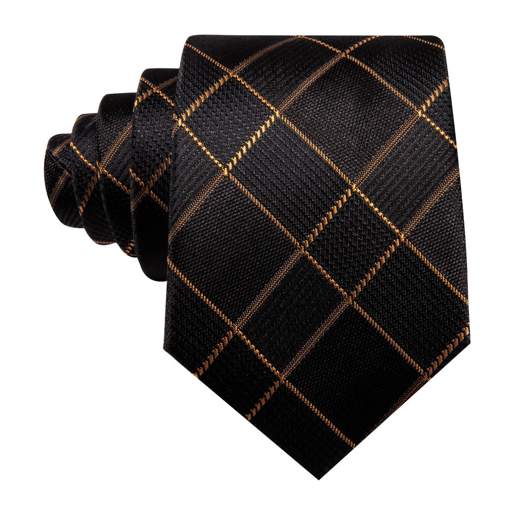 Black & Gold Plaid Silk Tie Set with Pocket Square and Cufflinks tie sets - Sophisticated Gentlemen