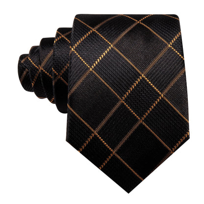 Black & Gold Plaid Silk Tie Set with Pocket Square and Cufflinks tie sets - Sophisticated Gentlemen