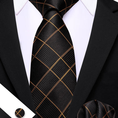 Black & Gold Plaid Silk Tie Set with Pocket Square and Cufflinks tie sets - Sophisticated Gentlemen