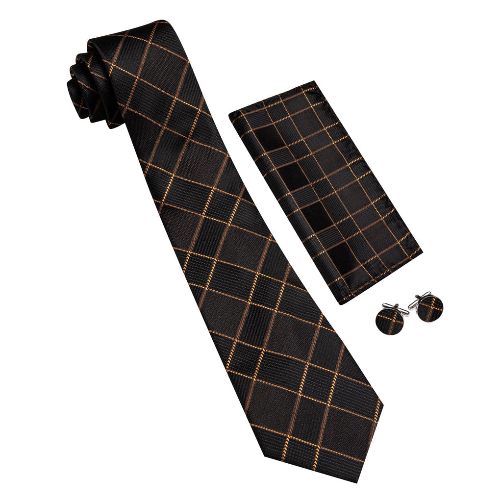 Black & Gold Plaid Silk Tie Set with Pocket Square and Cufflinks tie sets - Sophisticated Gentlemen