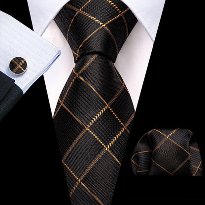 Black Golden Plaid Stripes Tie, Pocket Square and Cufflinks Set tie sets    - Sophisticated Gentlemen