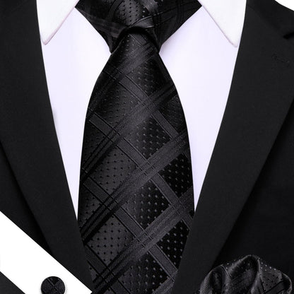 Black Plaid Tie, Pocket Square and Cufflinks Set tie sets    - Sophisticated Gentlemen