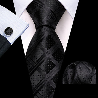 Black Plaid Tie, Pocket Square and Cufflinks Set tie sets    - Sophisticated Gentlemen