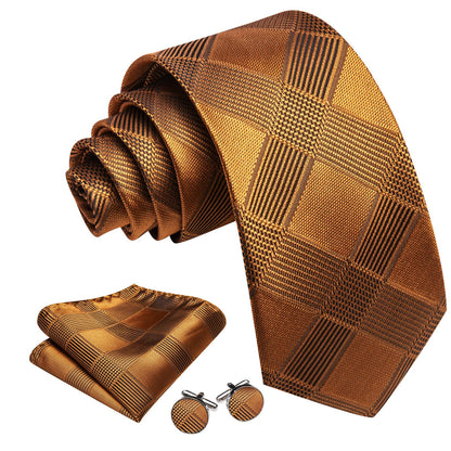 Gold Black Checkered Plaid Tie, Pocket Square and Cufflinks Set tie sets    - Sophisticated Gentlemen