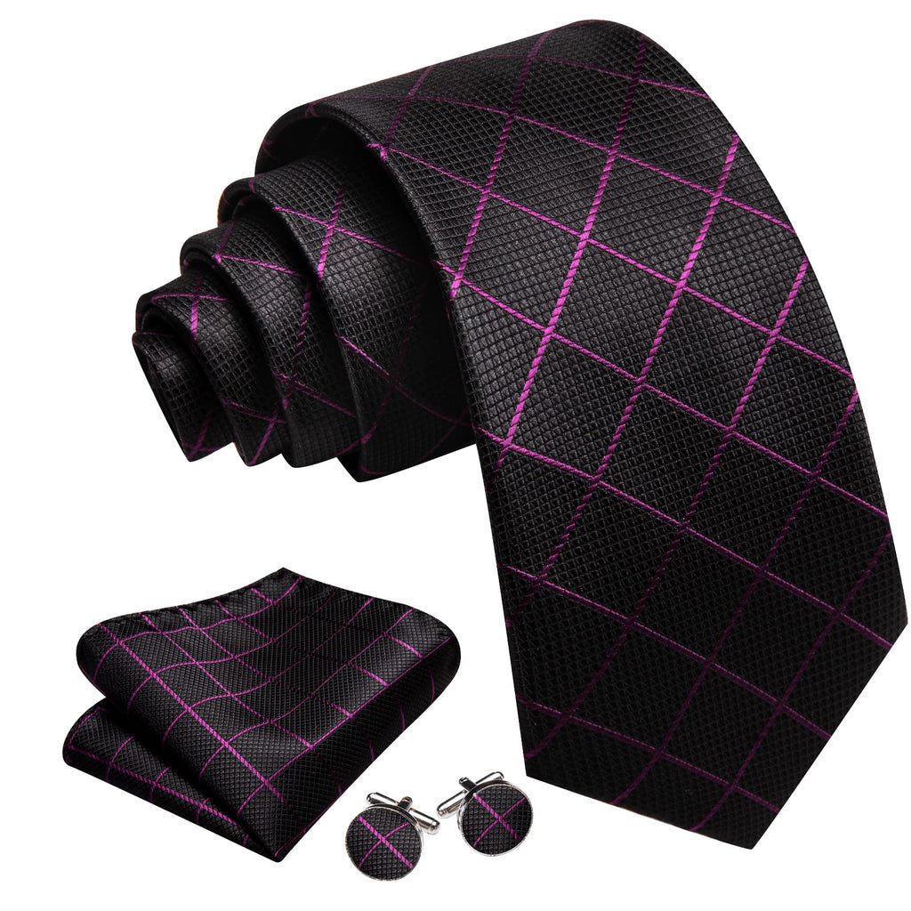 Black Purple Plaid Stripes Tie, Pocket Square and Cufflinks Set tie sets    - Sophisticated Gentlemen
