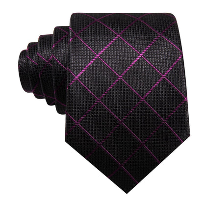 Black Purple Plaid Stripes Tie, Pocket Square and Cufflinks Set tie sets    - Sophisticated Gentlemen