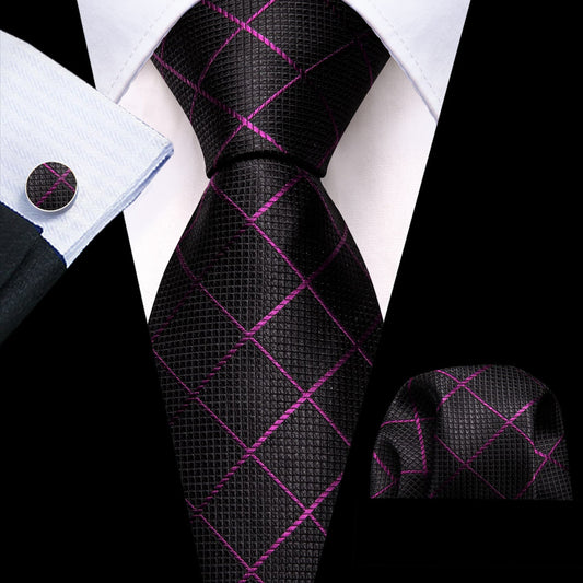Black Purple Plaid Stripes Tie, Pocket Square and Cufflinks Set tie sets    - Sophisticated Gentlemen