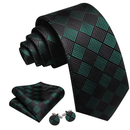 Black Green Plaid Checkered Tie, Pocket Square and Cufflinks Set tie sets    - Sophisticated Gentlemen