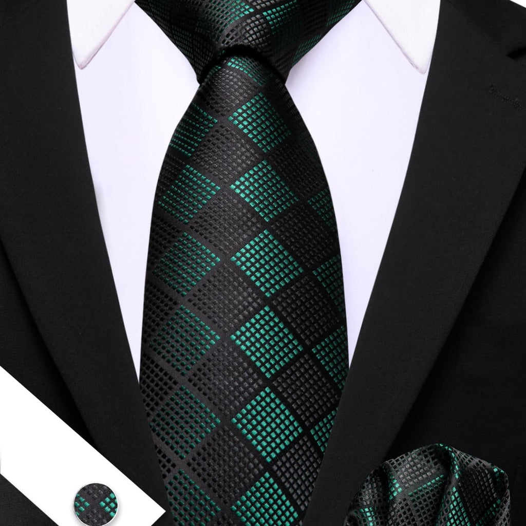 Black Green Plaid Checkered Tie, Pocket Square and Cufflinks Set tie sets    - Sophisticated Gentlemen