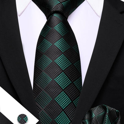 Black Green Plaid Checkered Tie, Pocket Square and Cufflinks Set tie sets    - Sophisticated Gentlemen
