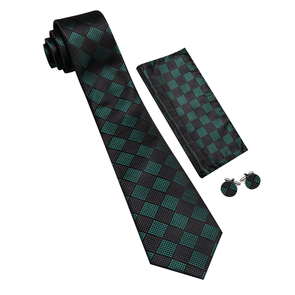 Black Green Plaid Checkered Tie, Pocket Square and Cufflinks Set tie sets    - Sophisticated Gentlemen