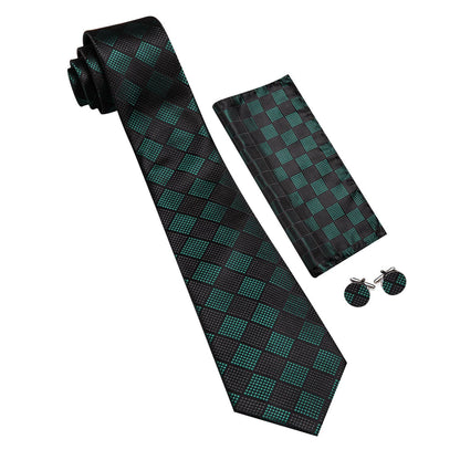 Black Green Plaid Checkered Tie, Pocket Square and Cufflinks Set tie sets    - Sophisticated Gentlemen
