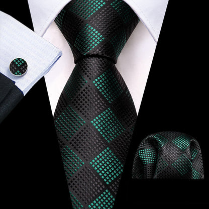 Black Green Plaid Checkered Tie, Pocket Square and Cufflinks Set tie sets    - Sophisticated Gentlemen