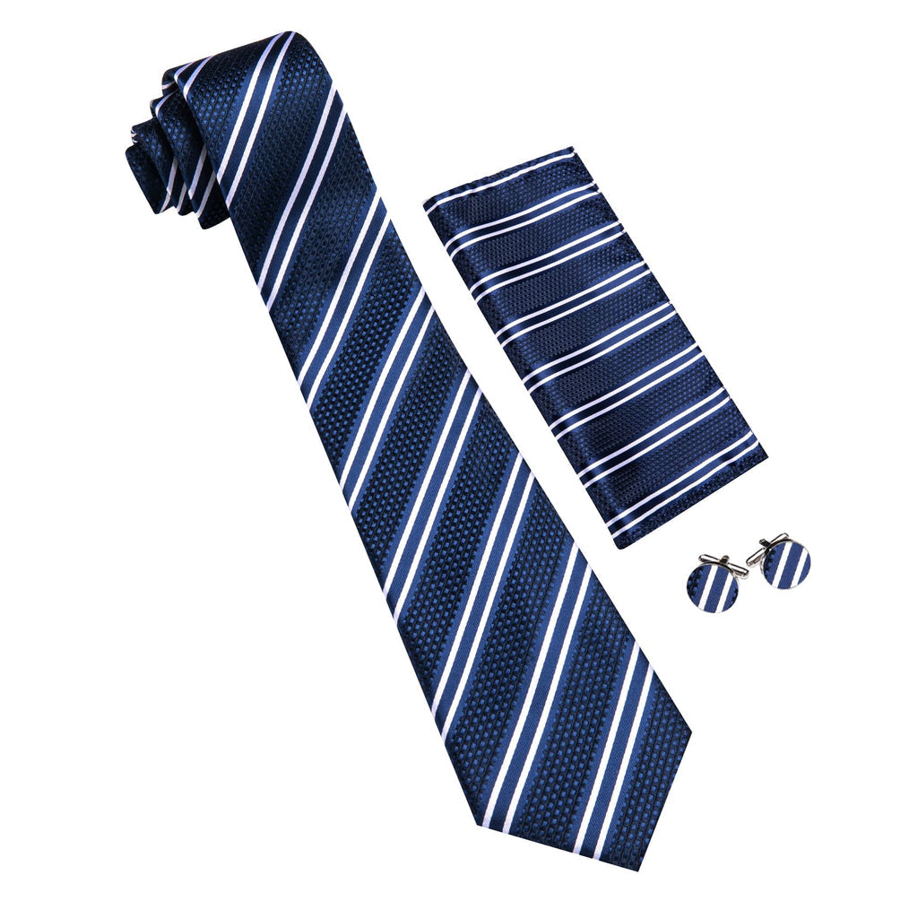 Blue White Stripes Tie, Pocket Square and Cufflinks Set tie sets    - Sophisticated Gentlemen