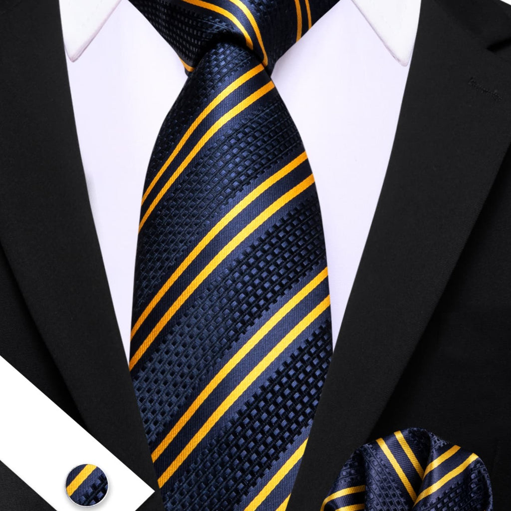 Blue Yellow Striped Tie, Pocket Square and Cufflinks Set tie sets    - Sophisticated Gentlemen