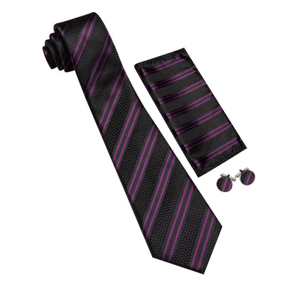 Black Purple Stripes Tie, Pocket Square and Cufflinks Set tie sets    - Sophisticated Gentlemen