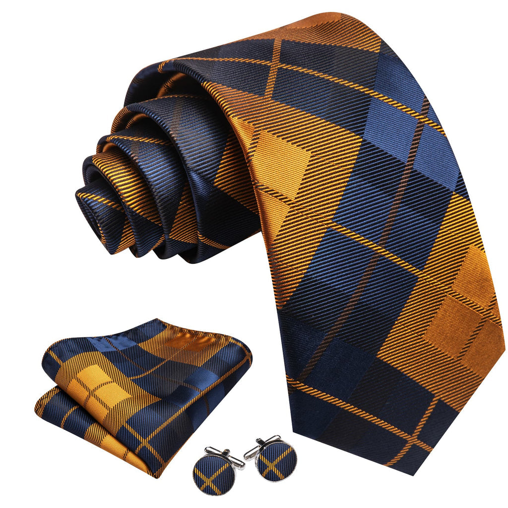 Blue Golden Plaid Checkered Tie, Pocket Square and Cufflinks Set tie sets    - Sophisticated Gentlemen